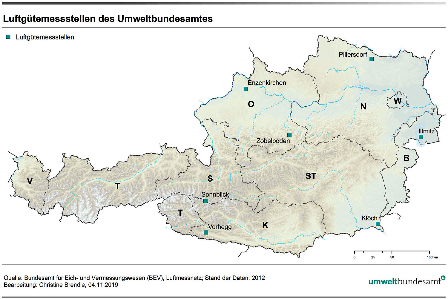 Karte der Luftgütemessstellen in Österreich