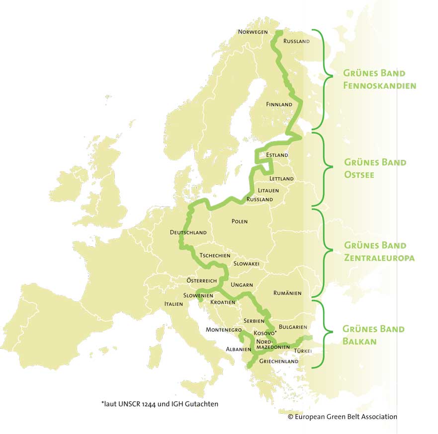 Die Karte zeigt den Verlauf des Grünen Bandes durch Europa: von der Barentssee bis zur Adria und ans Schwarze Meer. Gesamtlänger 12.500 Kilometern. 