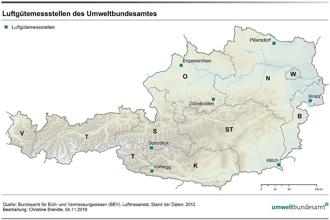 Karte der Luftgütemessstellen in Österreich