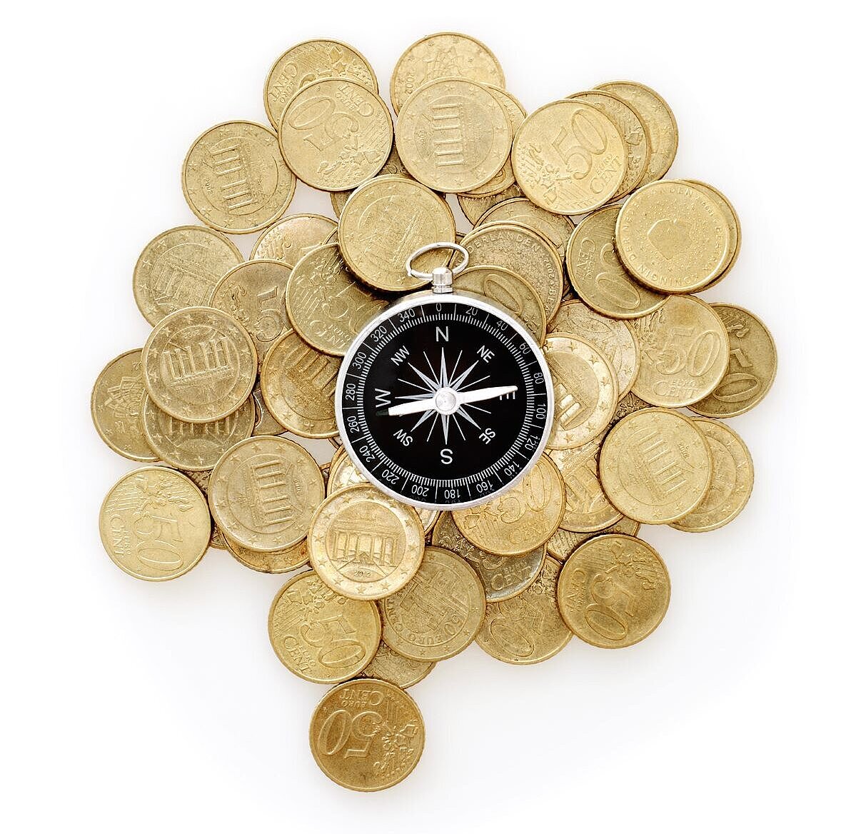 Foto Kompass liegt au Münzen