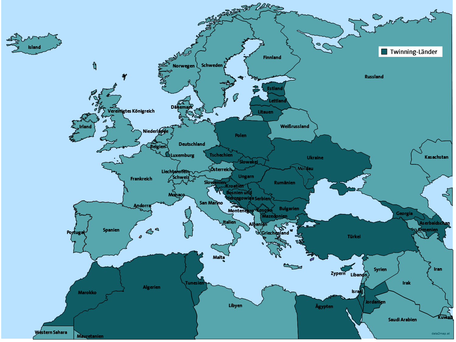 Karte der Länder mit Umweltbundesamt-Twinning-Einsätzen