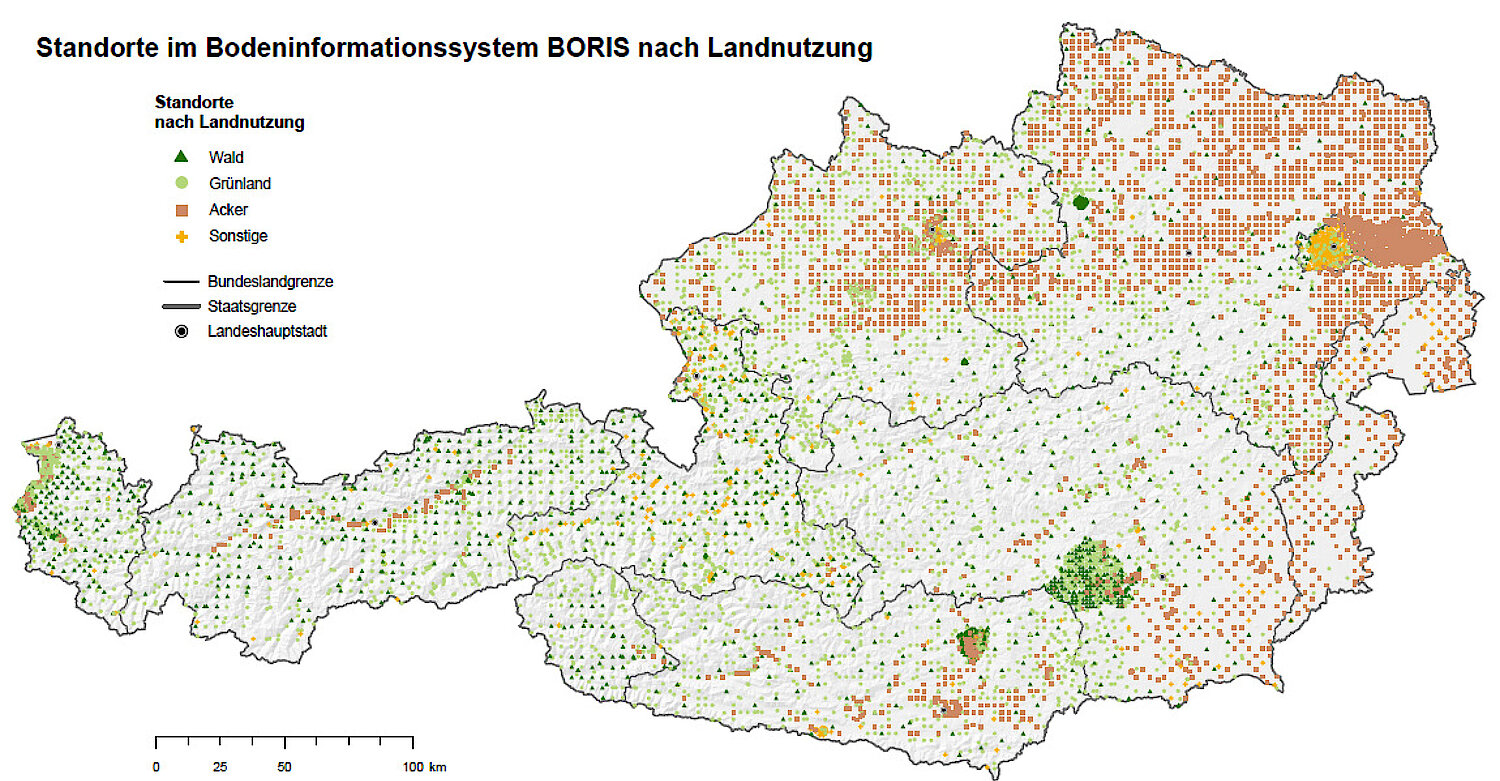 Karte Österreichischer Standorte nach Landnutzung