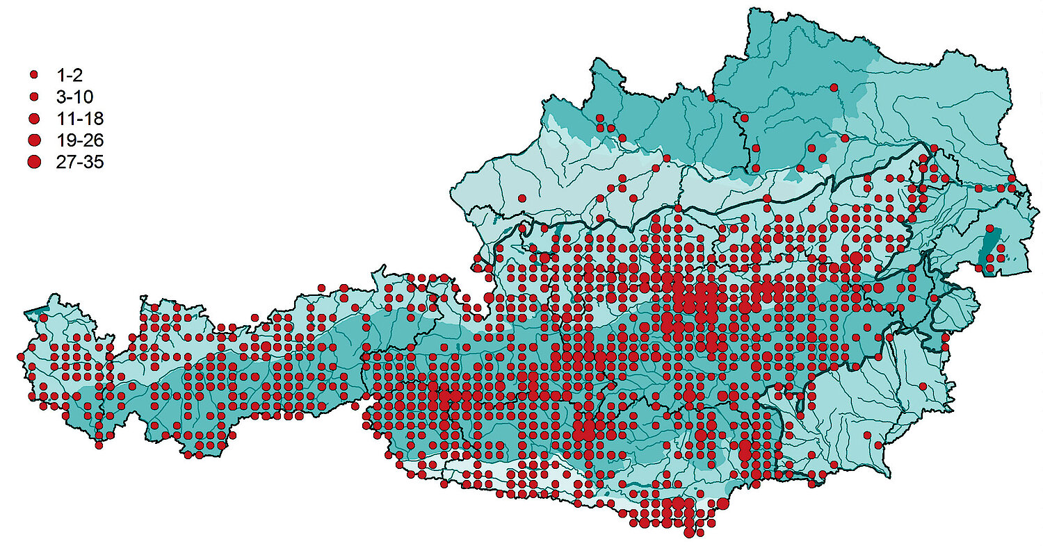 Karte Hotspots der Insekten-Endemiten in Österreich