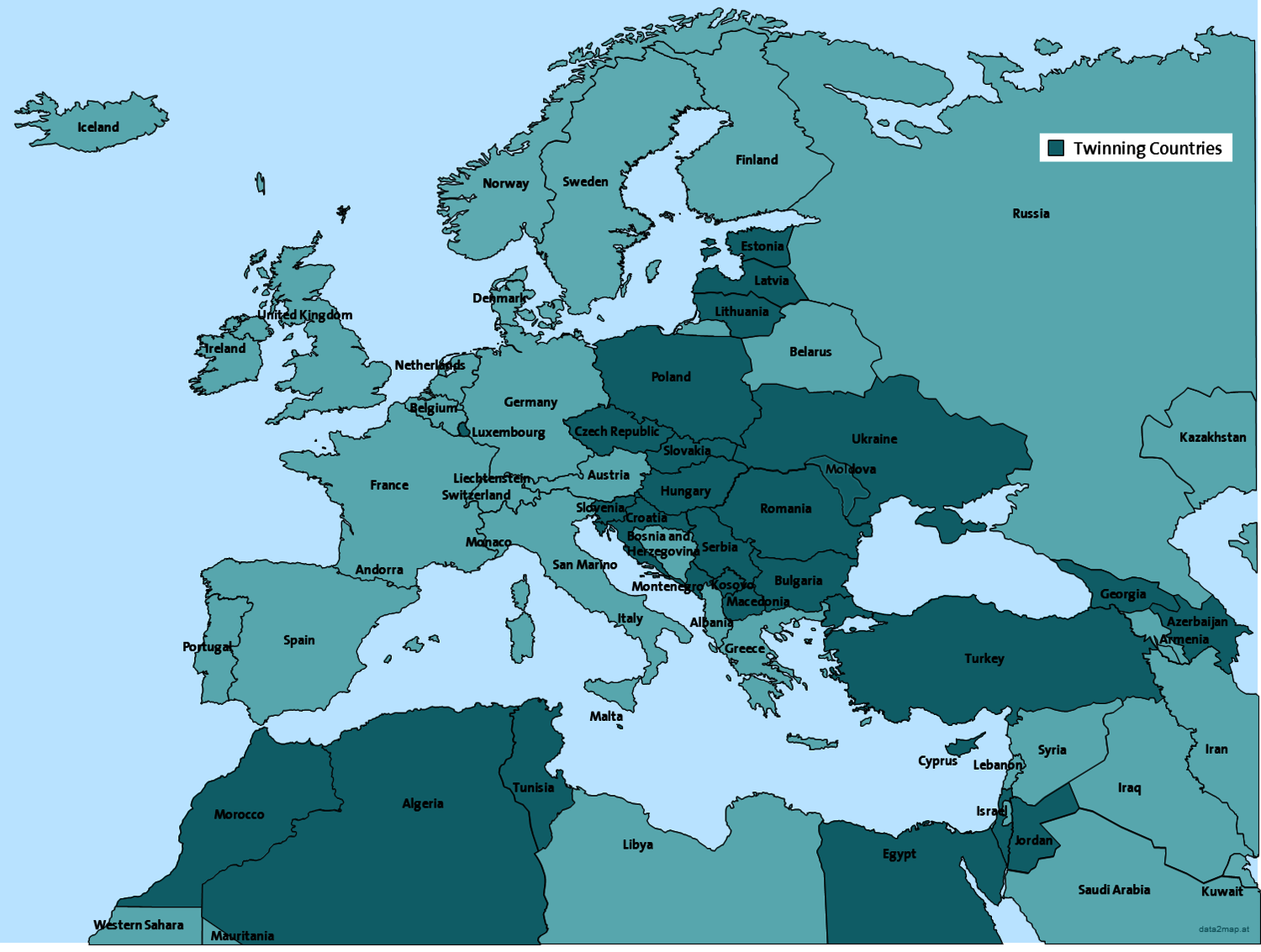 Map of countries with twinning assignments of the Environment Agency Austria