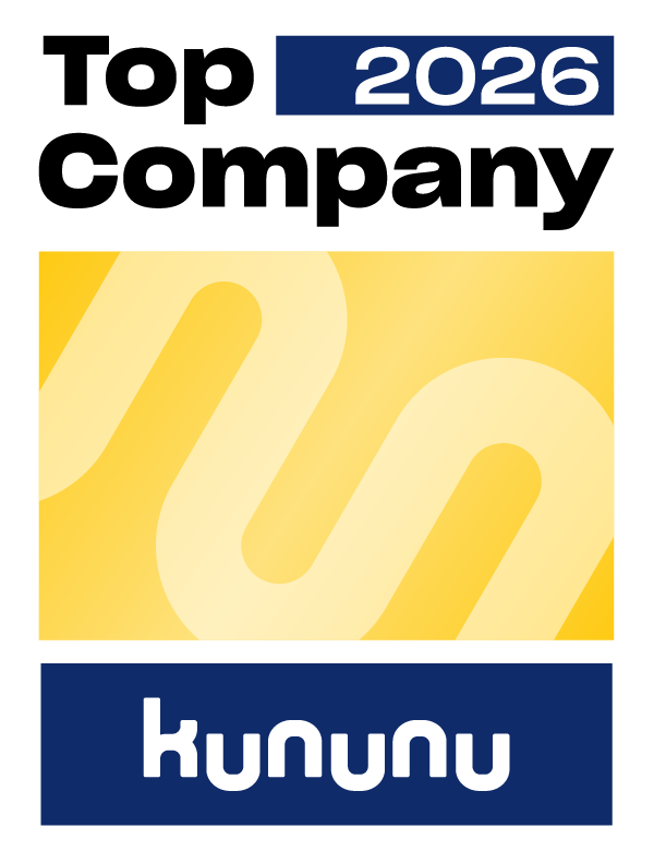 Logo mit Text "Top Company 2026" und gelbem Hintergrund mit stilisiertem Paragraphenzeichen. Darstellung einer Auszeichnung von kununu für Unternehmen mit guter Arbeitgeberbewertung.