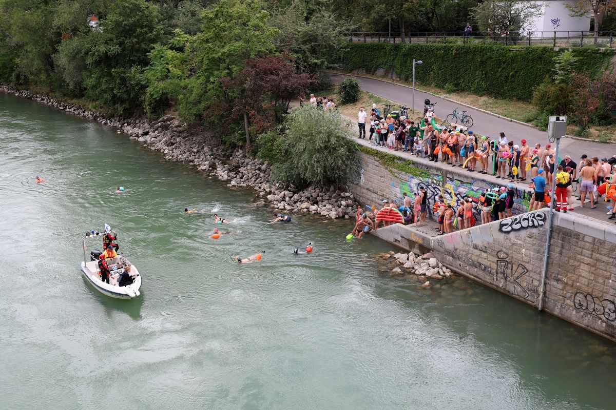 Schwimmer:innen am Donaukanal und Rettungsboot im Wasser