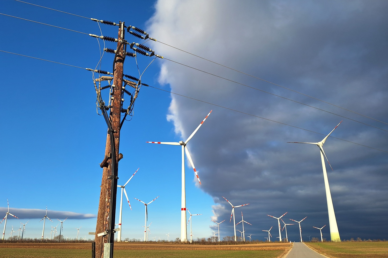 Ein Feld mit Windrädern und einer großen Wolke.