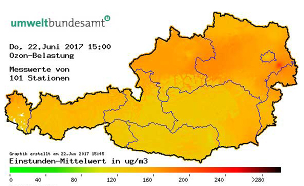 Österreichkarte der Ozonwerte an einem stark belasteten Tag
