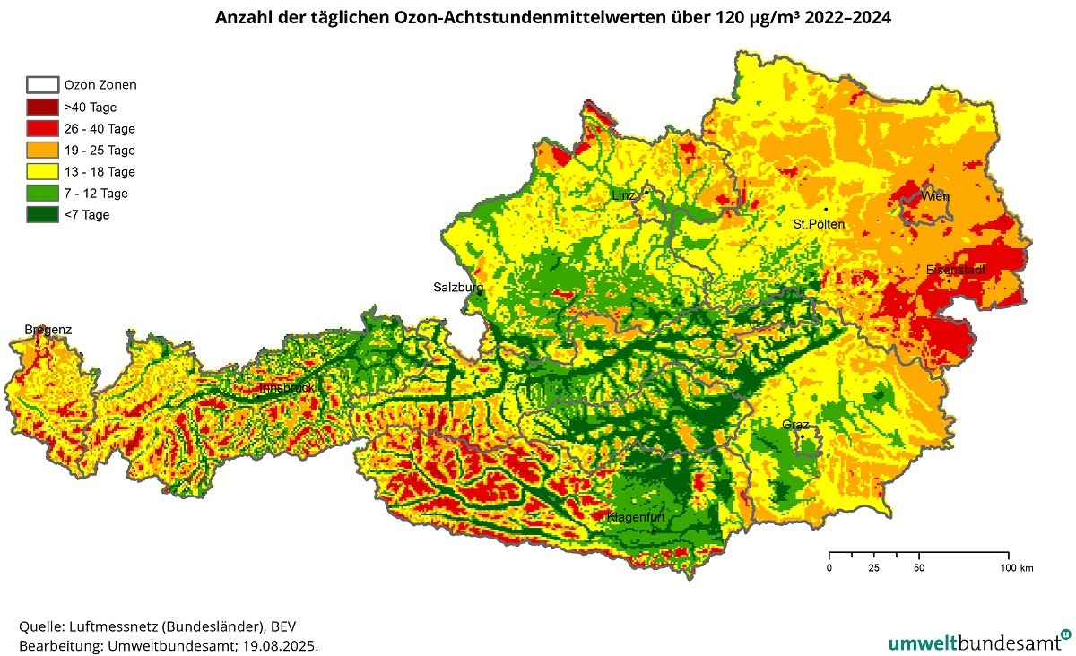 Anzahl der täglichen maximalen Achtstundenmittelwerte über 120µg/m³ gemittelt über die letzten 3 Jahre Karte der Ozonbelastung