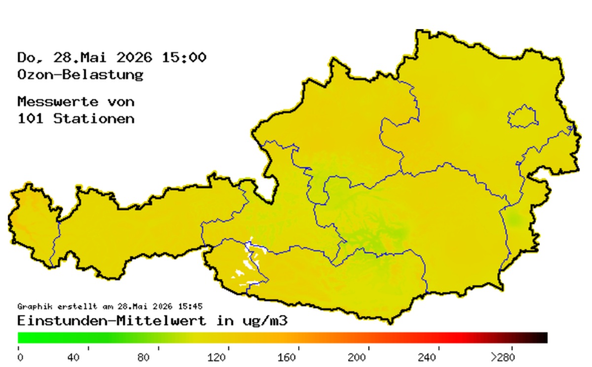 Österreichkarte der Ozonbelastungen an einem mittelbelasteten Ta.